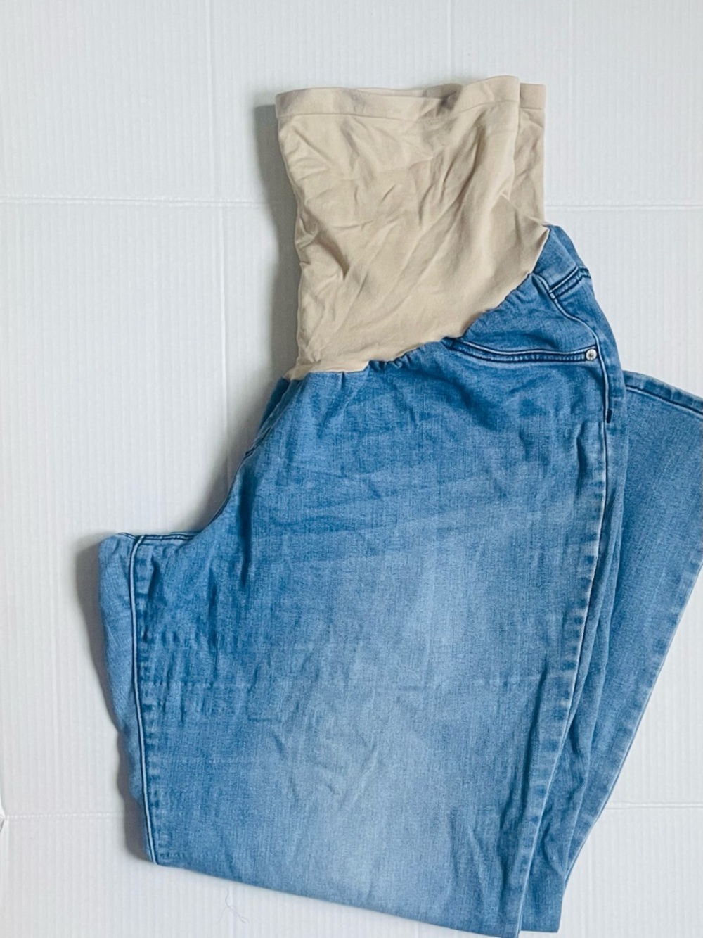 Indigo Blue Light Wash Boyfriend Maternity Jeans with Beige Panel
